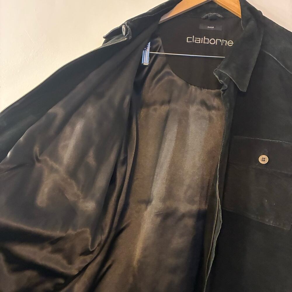 Vintage 90s Claiborne Black Suede Leather Chore Jacket Zip Front Oversized XL - Picture 8 of 12
